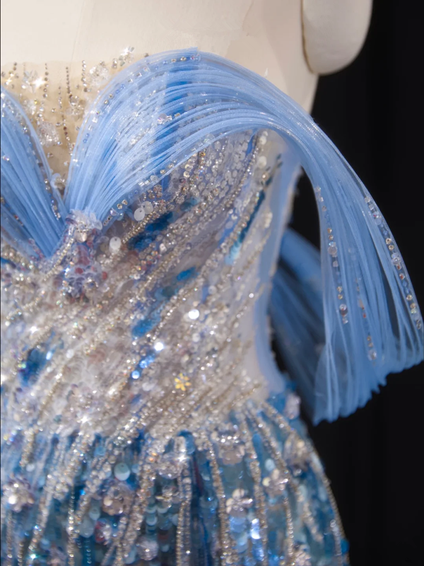 Light blue off-the-shoulder fitted long ball gown, bridal dress R8917