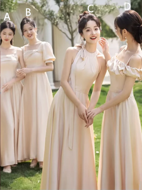 Champagne satin slim waist long ball gown, bridesmaid dress R6113