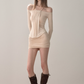 Halter Off-Shoulder Long Sleeve Dress With Ruched Skirt And Mesh Detail R9283