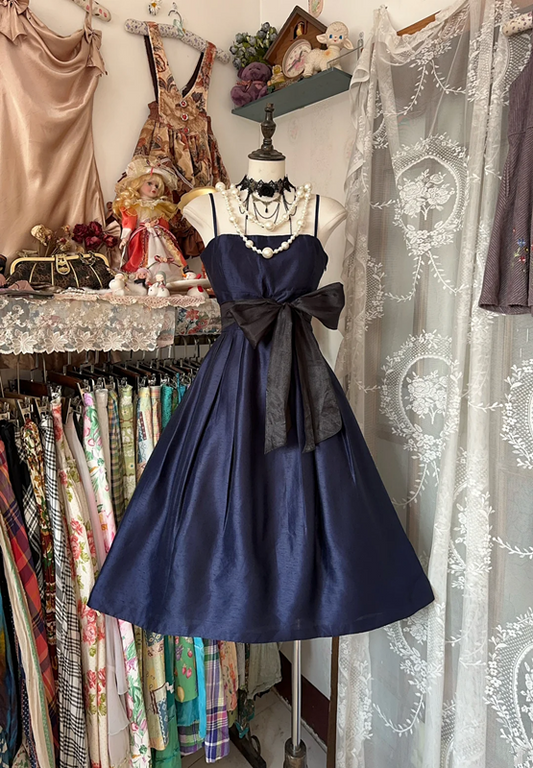 Navy blue halter-neck A-line mini skirt, ball gown R6291