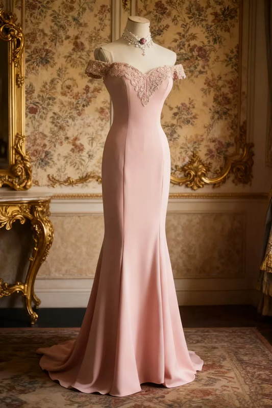 Light pink off-the-shoulder embroidered fitted waist bodycon long ball gown R6691