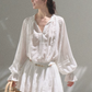 Bohemian Style White/Olive Green V-Neck Long Sleeve Mini Dress with Waist Tie R9362