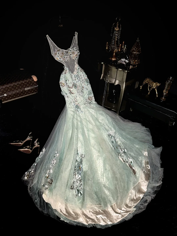 Light green halter-neck rhinestone fitted long ball gown R6890