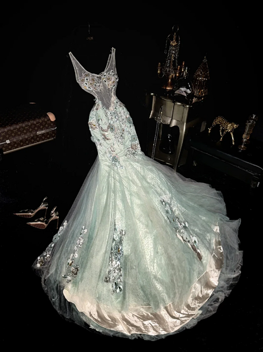 Light green halter-neck rhinestone fitted long ball gown R6890