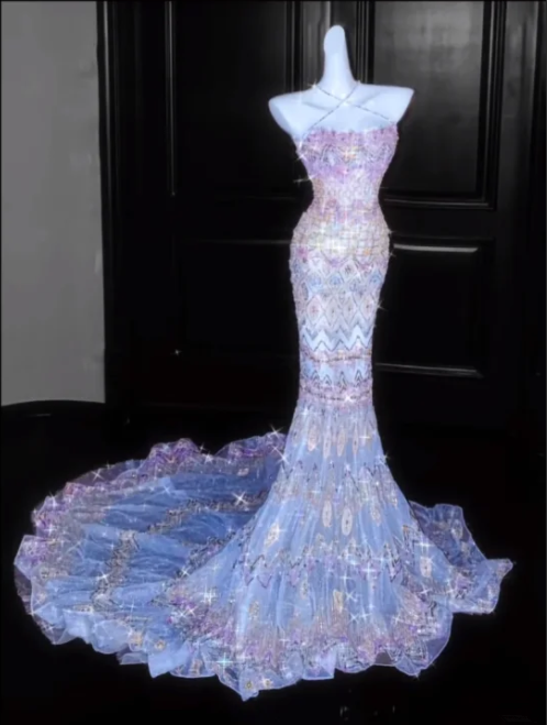 Pink Strapless Rhinestone-Embellished Fitted-Waist Slim-Fit Hip-Hugging Blue Mermaid-Length Prom Dress R6491