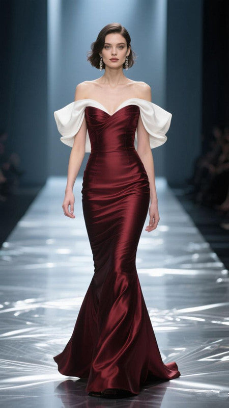 Dark red one-shoulder slim waist long dress, prom dress R5341