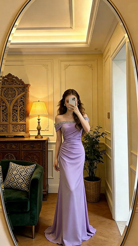 Light blue off-the-shoulder rhinestone-embellished fitted mermaid skirt elegant ball gown R8608