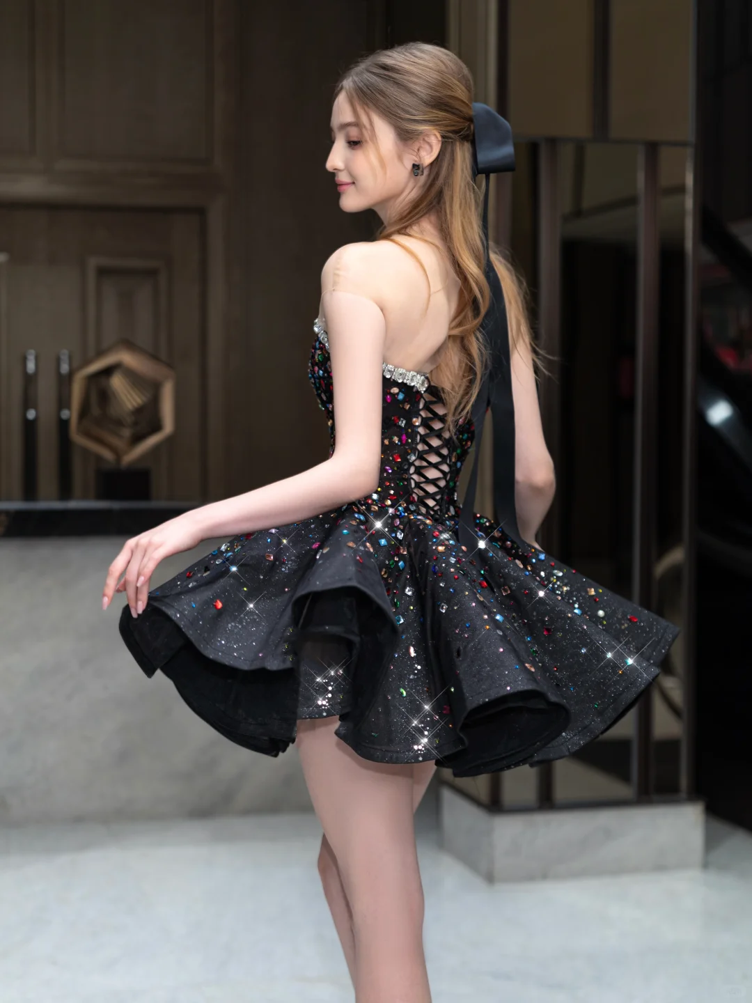 Black tube top sequined waist slim fit puffy skirt homecoming dress R4349