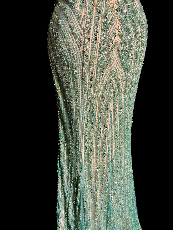 Green strapless rhinestone-embellished fitted long ball gown with a sexy silhouette R6611