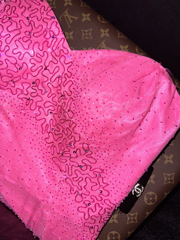 Pink halter-neck fitted beaded long ball gown R6970