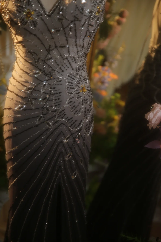 Gray gradient halter-neck fitted waist sexy long ball gown R7263