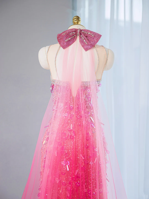 Pink halter-neck, fitted waist, sexy long ball gown, bridal dress R9037