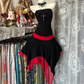Black strapless, fitted waist, short ball gown with irregular red hem R7877