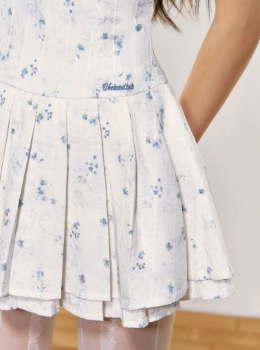 White Floral Corset Mini Dress with Ruffled Trim Neckline, Puff Cap Sleeves, Pleated Skirt and Smocked Back R9252