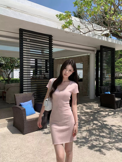 Casual Minimalist Ribbed Bodycon Mini Dress V-Neck Solid Color Knit R9189