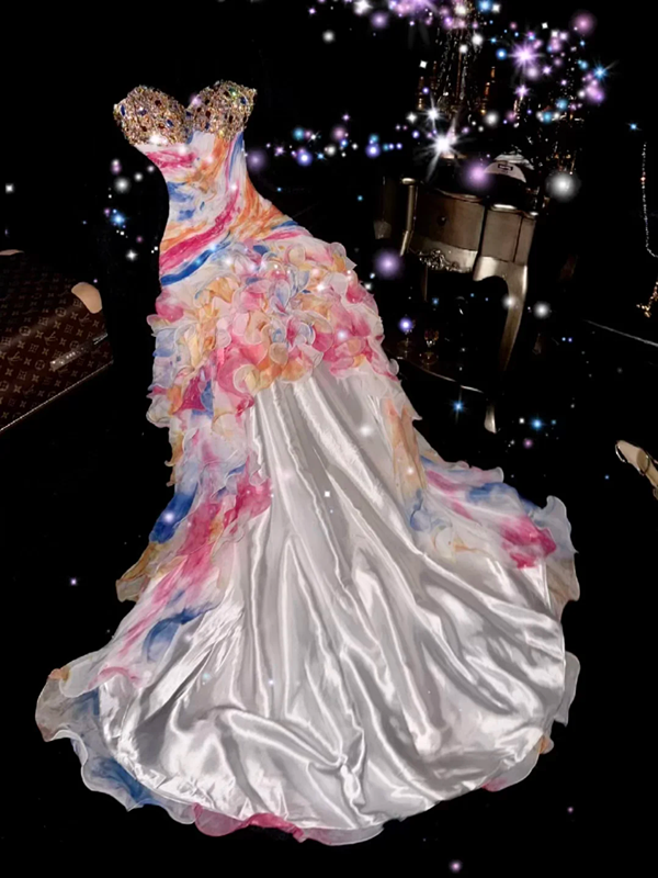 Colorful strapless rhinestone fitted long ball gown R6411