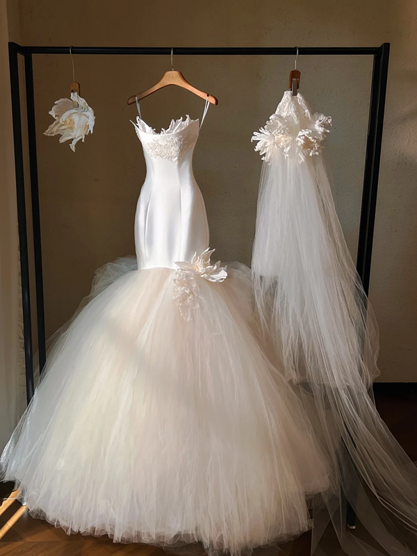 White suspender satin waist slim mermaid maxi bridal dress R5698