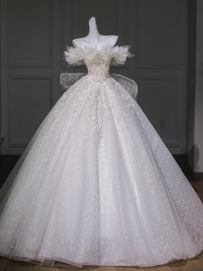 White tube-top diamond waist slim fit puffy skirt long bridal dress R5815