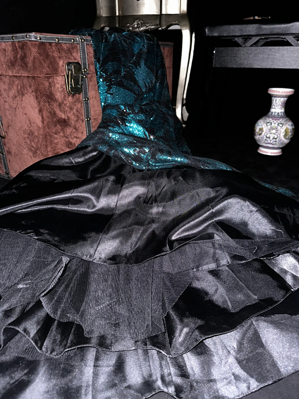 Dark green strapless floral sequined fitted long ball gown R7050