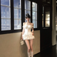 White suspenders waist slim fishbone top cake mini skirt homecoming dress R5079