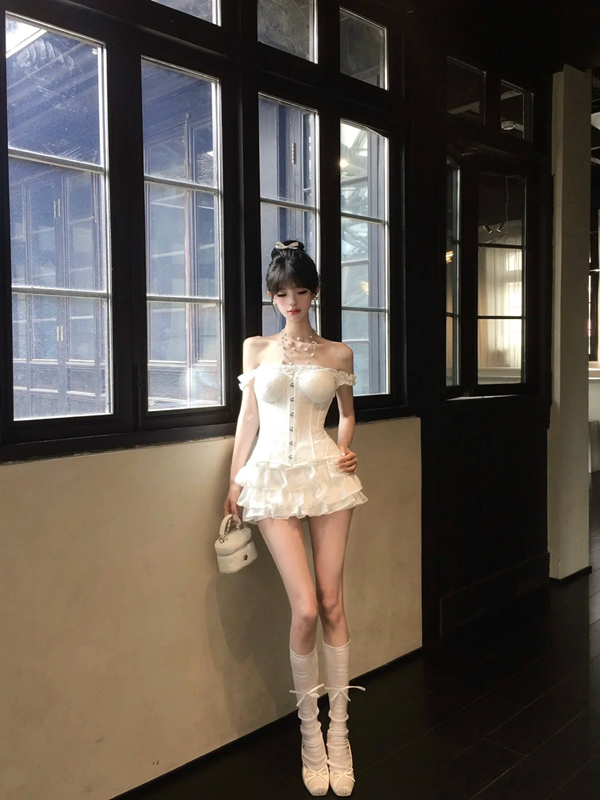 White suspenders waist slim fishbone top cake mini skirt homecoming dress R5079