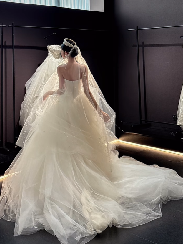 White tube top slim waist puffy skirt tulle bridal dress R6032