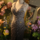 Gray gradient halter-neck fitted waist sexy long ball gown R7263
