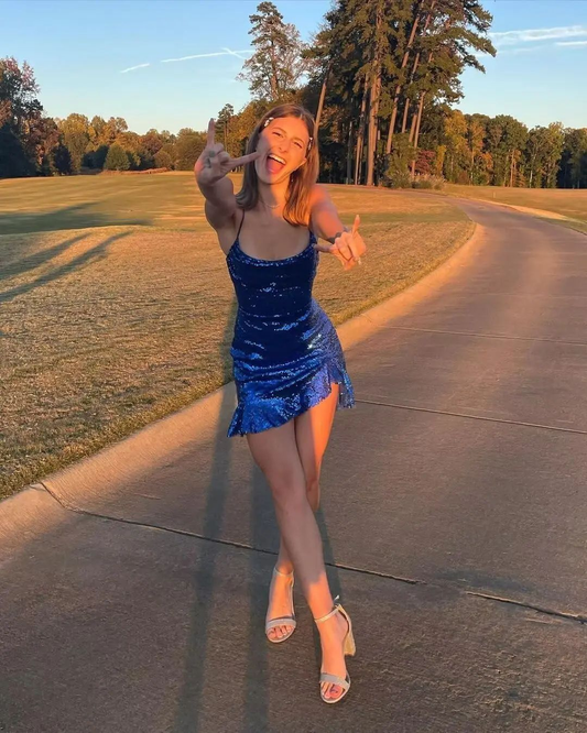 Blue sequined suspenders waist slim skirt homecoming dress R5580