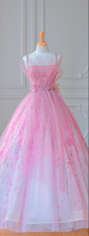 Pink Gradient Spaghetti-Strap Fitted-Waist Slim-Fit A-Line Hem Ball Gown / Bridal Gown R5892