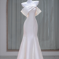 White satin one-shoulder slim waist hip long dress bridal gown R5853