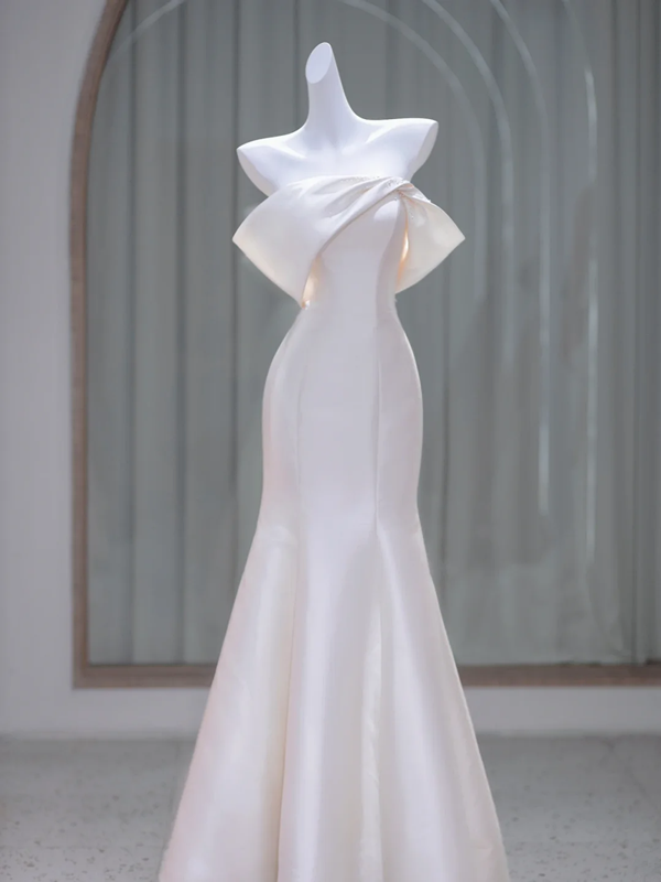 White satin one-shoulder slim waist hip long dress bridal gown R5853