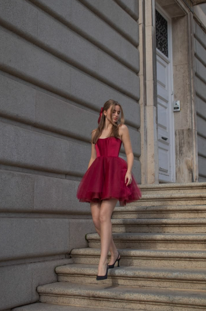 Charming Puffy Tulle Women's Homecoming Dress Burgundy Corset Short Prom Dress Cocktail Dress RS2907