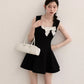 Black Sleeveless A-Line Dress with White Bow Accent R9171