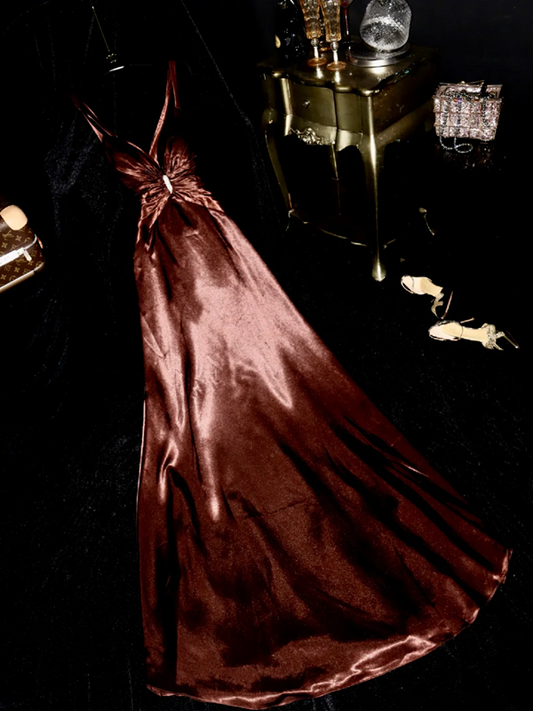 Reddish-brown halter-neck satin long ball gown, elegant and sophisticated R6930