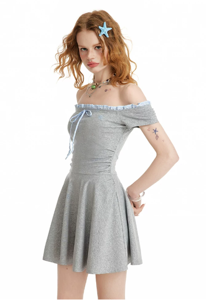 Casual Summer Grey Knit Dress With Off-Shoulder Design And Blue Accent R9321