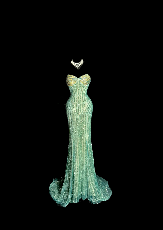 Green strapless rhinestone-embellished fitted long ball gown with a sexy silhouette R6611