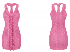 Coquette Pink Knitted Halter Dress With V Neck, Ruffle Front And Bodycon Fit R9279