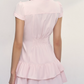 Baby Pink Button-Front Shirt Dress with Puff Sleeves, Tiered Ruffle Hem and Back Smocked Waist R9251