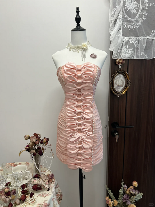 Pink tube top bow waist hip sexy short skirt homecoming dress R4269