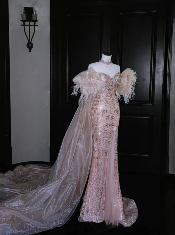 Pink tube-top sequined slim-waisted fishtail maxi dress, prom dress R5656