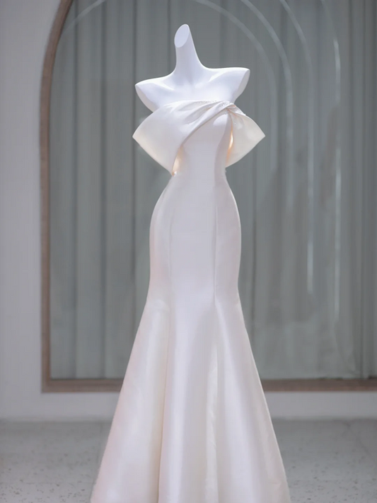 White satin one-shoulder slim waist hip long dress bridal gown R5853