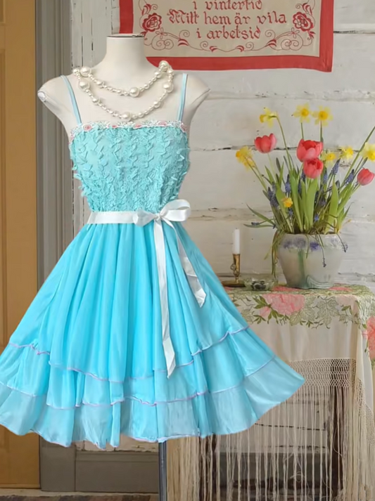 Blue halter-neck A-line mini skirt, ball gown R6252