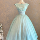 Light green sleeveless fitted waist ball gown with a full skirt, bridal dress R7243