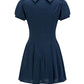 Navy Blue Puff Sleeve Dress with Peter Pan Collar and Elastic Waist R9175