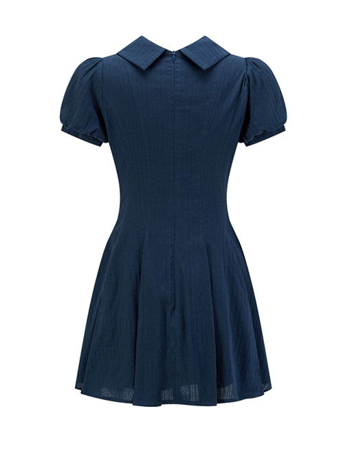 Navy Blue Puff Sleeve Dress with Peter Pan Collar and Elastic Waist R9175