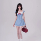 Blue plaid slim waist A-line mini skirt homecoming dress R5261