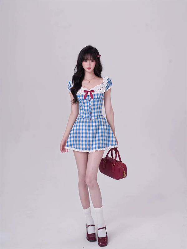 Blue plaid slim waist A-line mini skirt homecoming dress R5261