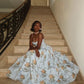 Light blue suspender retro print long skirt dress, prom dress R5381