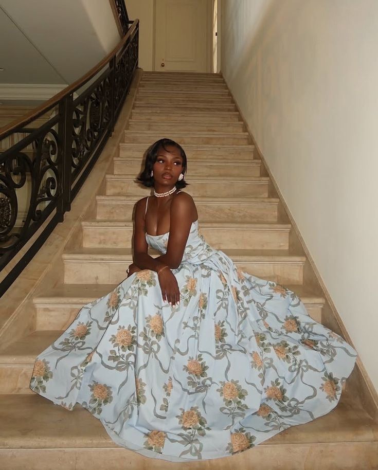 Light blue suspender retro print long skirt dress, prom dress R5381