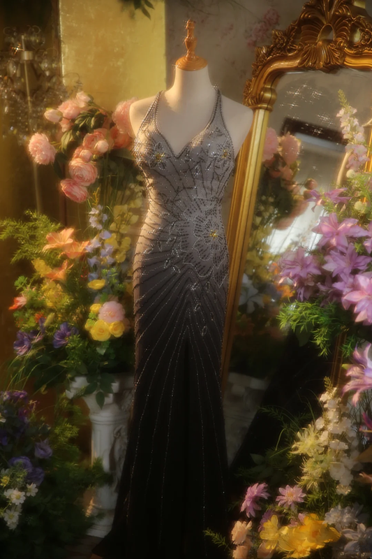 Gray gradient halter-neck fitted waist sexy long ball gown R7263